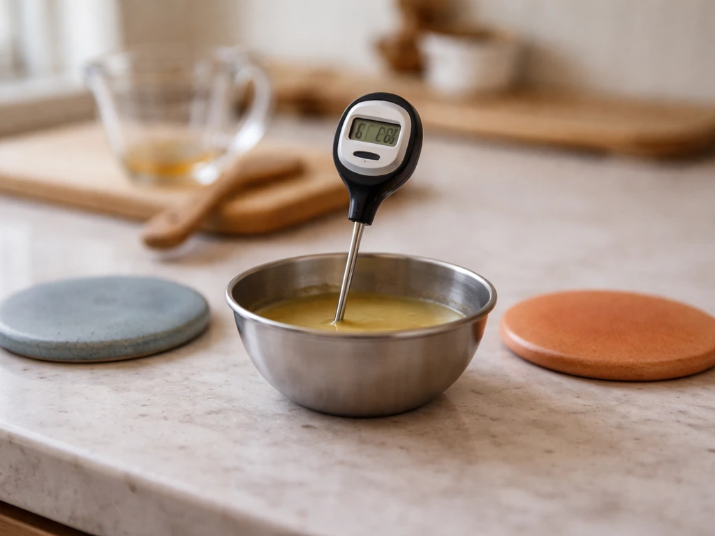 Thermometer and warm kitchen surface suggesting unsafe temperature range for food