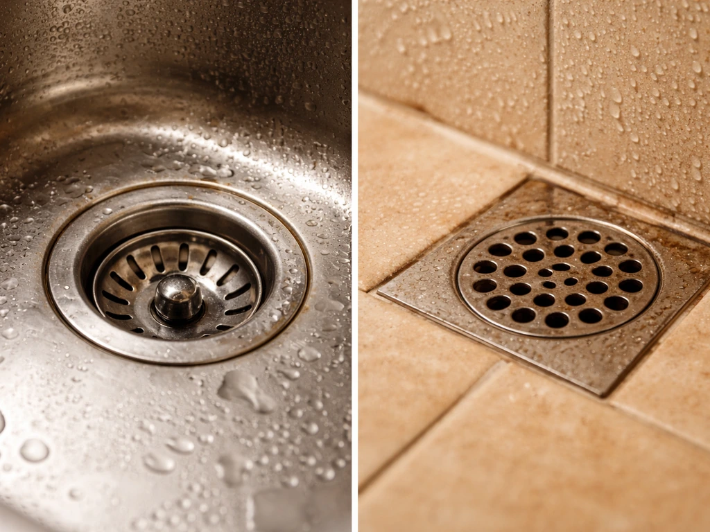 Split close-up of a damp kitchen sink drain and a humid bathroom shower drain.