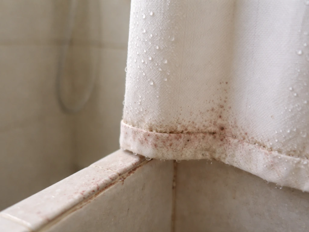 Close-up of shower curtain and tile grout with visible pink mildew in a humid bathroom.