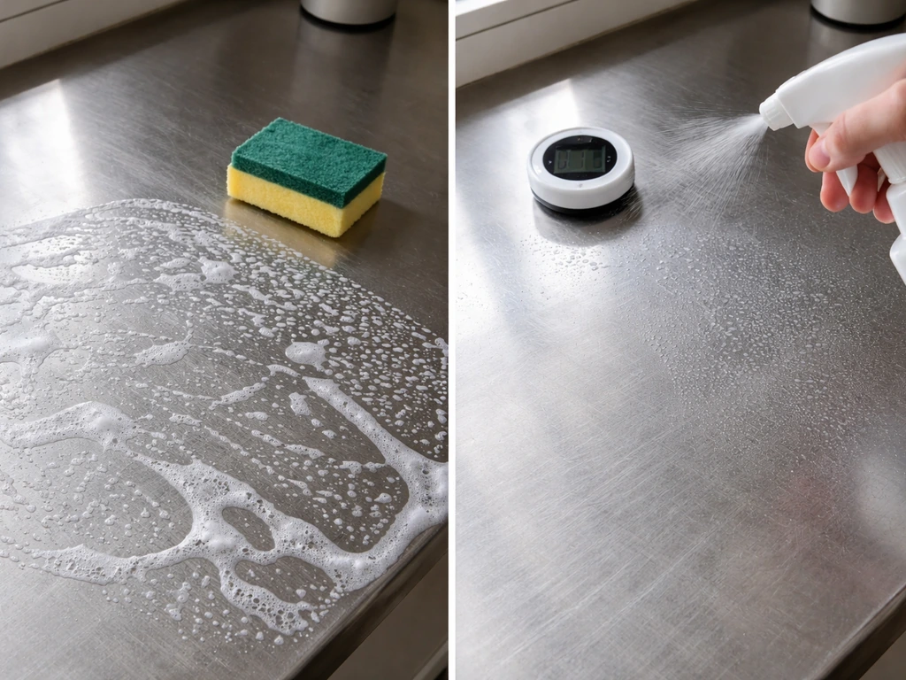 Split-cleaning scene: scrubbed stainless surface on one side and disinfectant mist on the other with a timer.