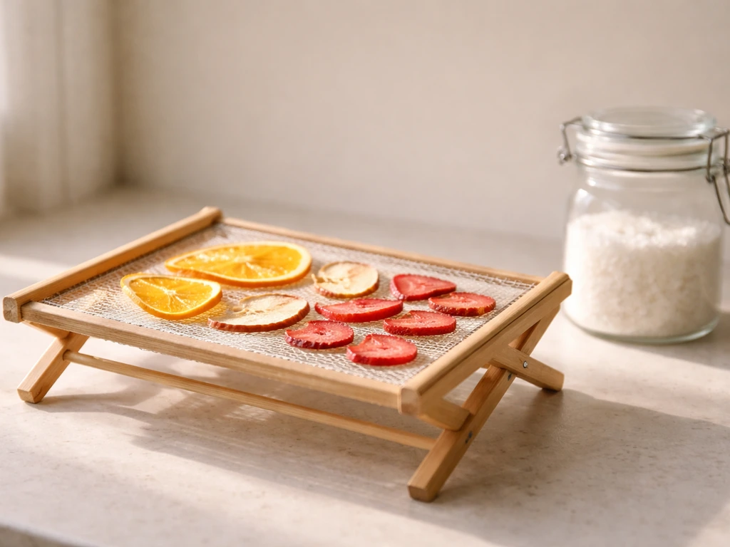 Close-up of drying rack with food pieces beside a sealed jar with desiccant for moisture control.
