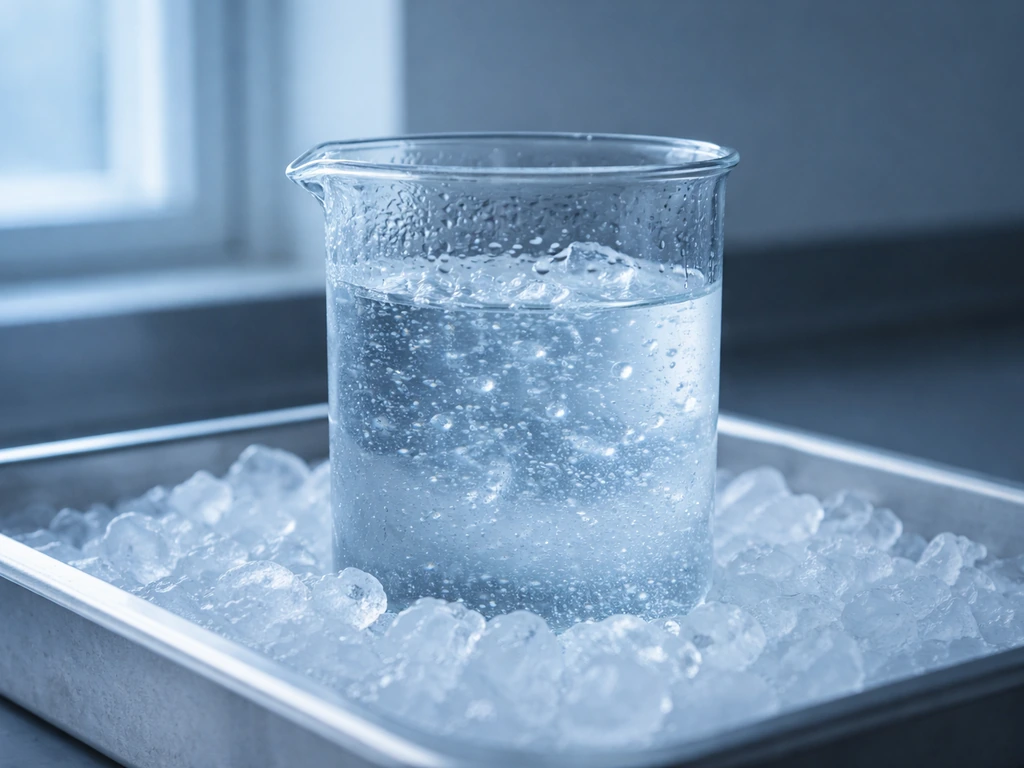 Glass beaker with icy water and crushed ice in a cold lab, showing condensation and shimmering ice crystals.