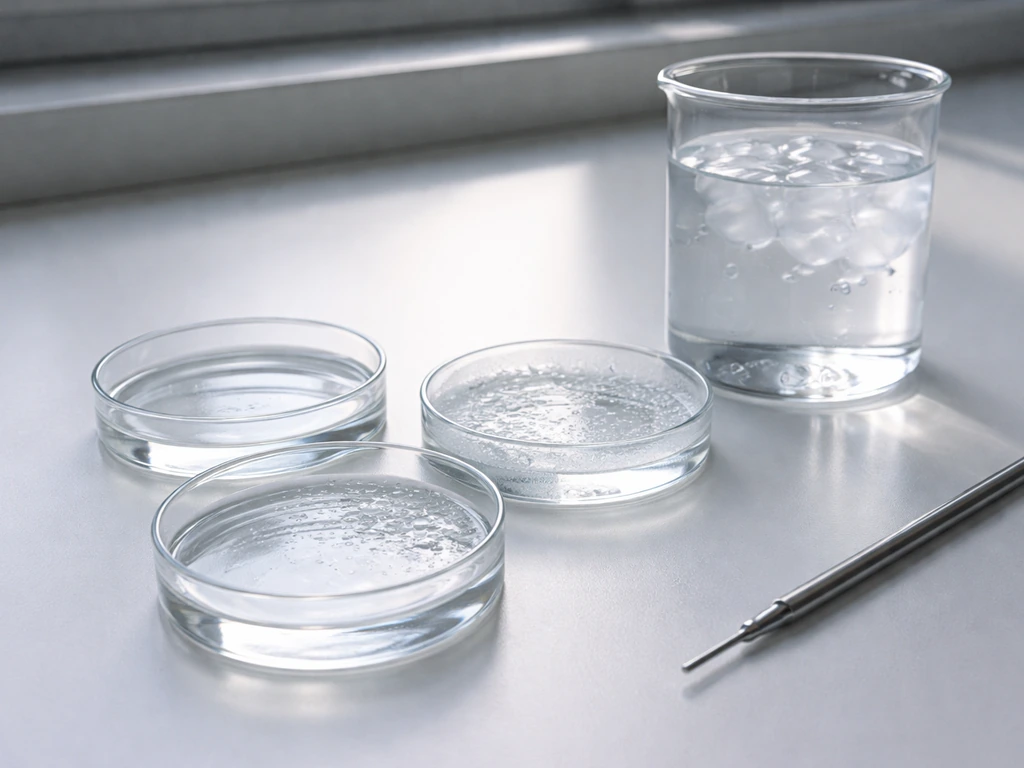 Lab bench with three unlabeled petri dishes and an ice-water beaker with visible ice crystals.