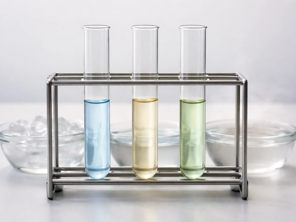Three color-tinted test tubes in a simple rack with ice, neutral water, and warm water in the background.