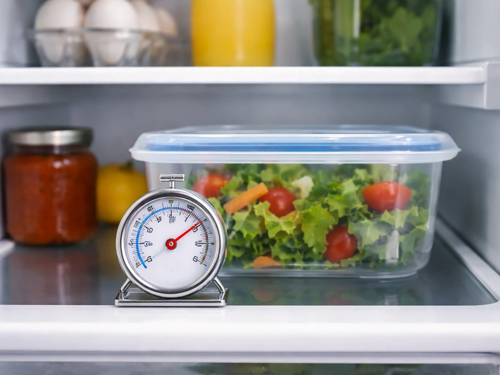 Standalone refrigerator thermometer placed inside an open fridge near food containers, showing cold storage setup.