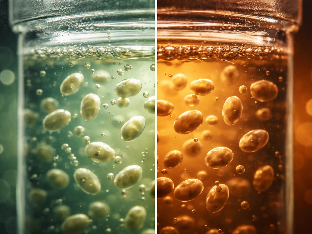 Split view of yeast cells in oxygenated vs oxygen-free culture, shown as microscopic macro imagery.