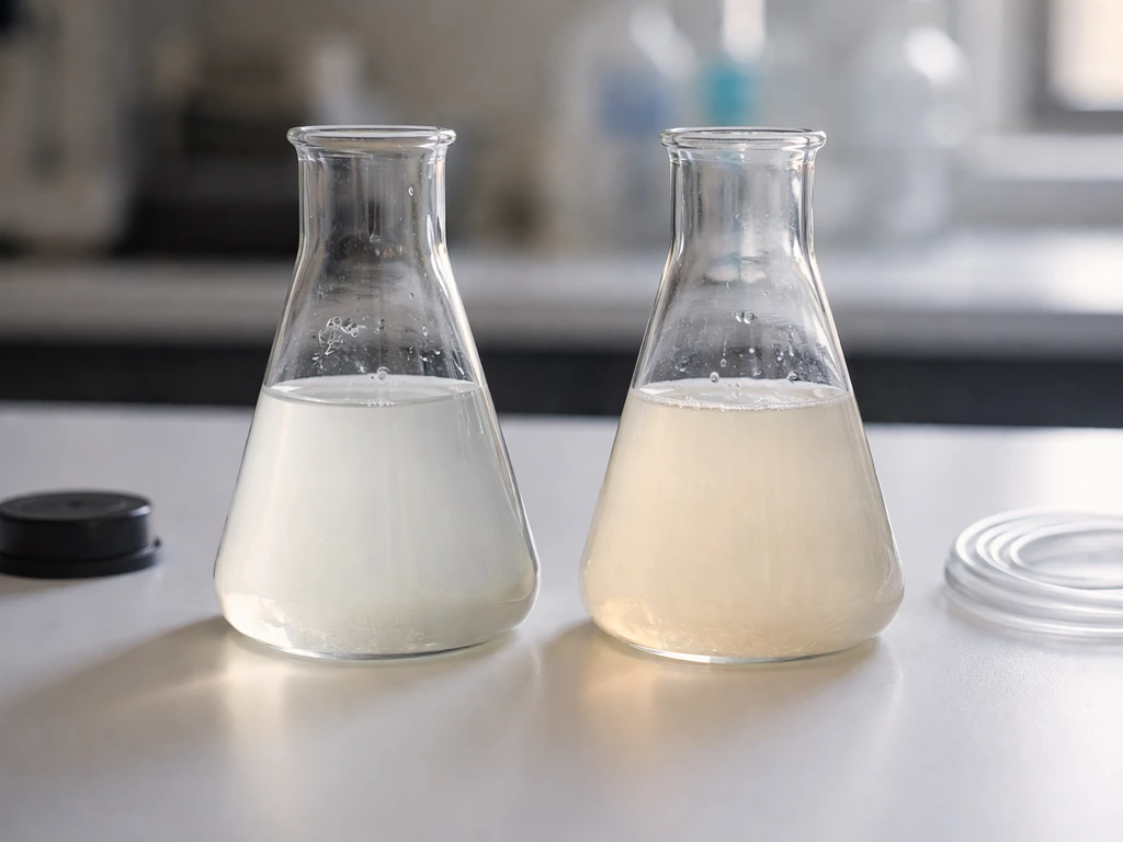 Two simple lab flasks with cloudy turbidity—one oxygen-rich, one oxygen-limited—on a clean bench.