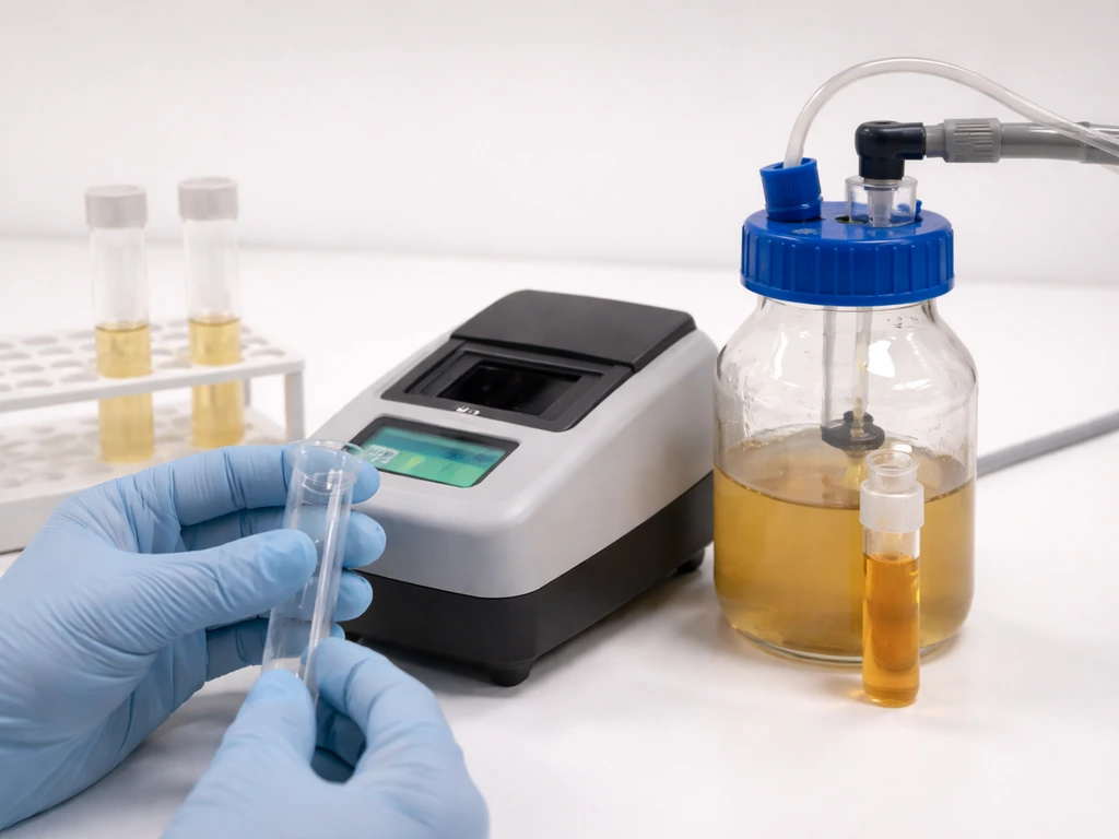 Gloved hands measure OD600 with a cuvette while anaerobic ethanol collection tubes sit on a lab bench.