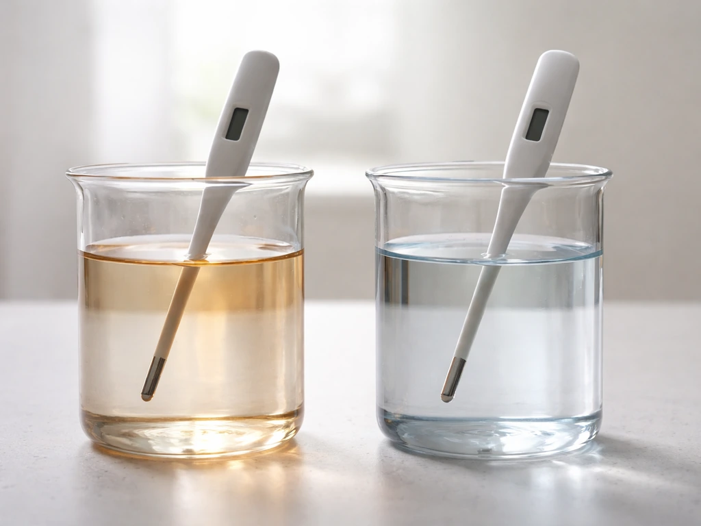 Two side-by-side beakers of water with thermometers, one warm and one cool, illustrating temperature control.