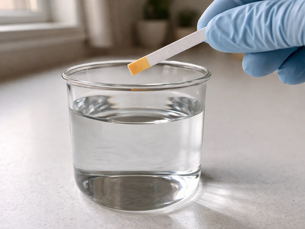 Close-up of a pH test strip over clear water, showing a subtle color change for acidic vs neutral.