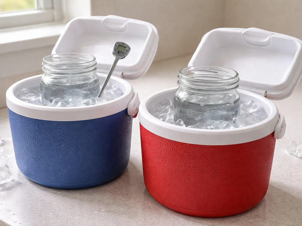 Cold drinking water jars in an insulated cooler with ice and a thermometer probe.
