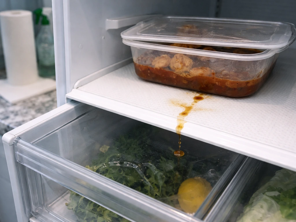 Listeria monocytogenes risk shown as a refrigerator shelf contamination scene