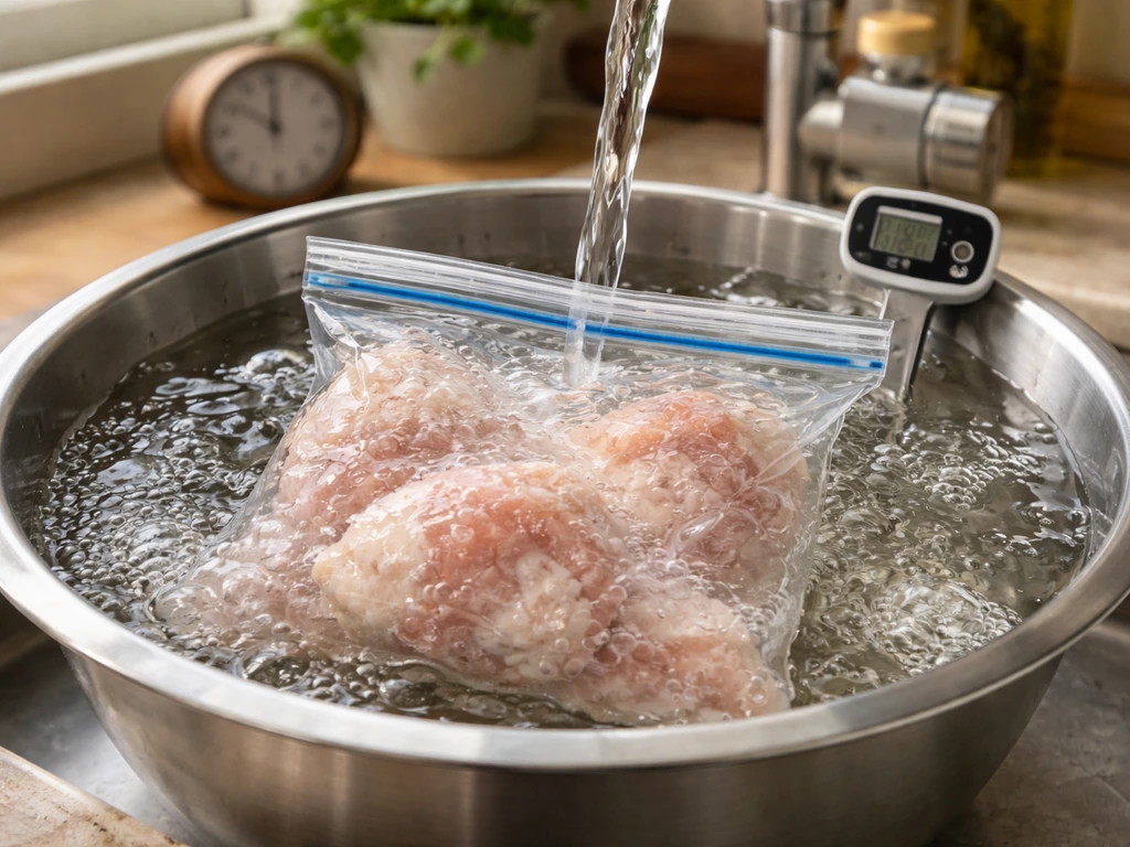 Thawing safely shown with sealed bag in cold water bath