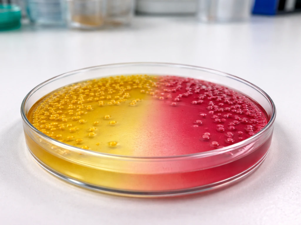 Close-up of an MSA Petri dish showing yellow and pink/red growth zones with a clear color-change area.
