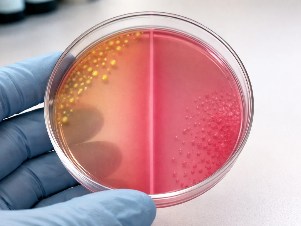 Close-up of an agar culture plate showing two separated regions with growth/no-growth and yellow vs pink colonies.