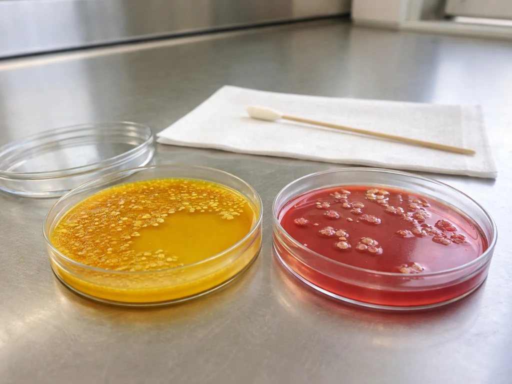 MSA agar plates on a lab bench, one showing typical yellow-zone growth beside an unknown sample plate.