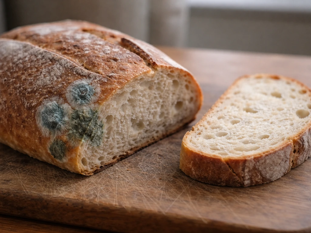 Loaf and slice of bread on a wooden board showing blue-green mold on one side and clean bread on the other.