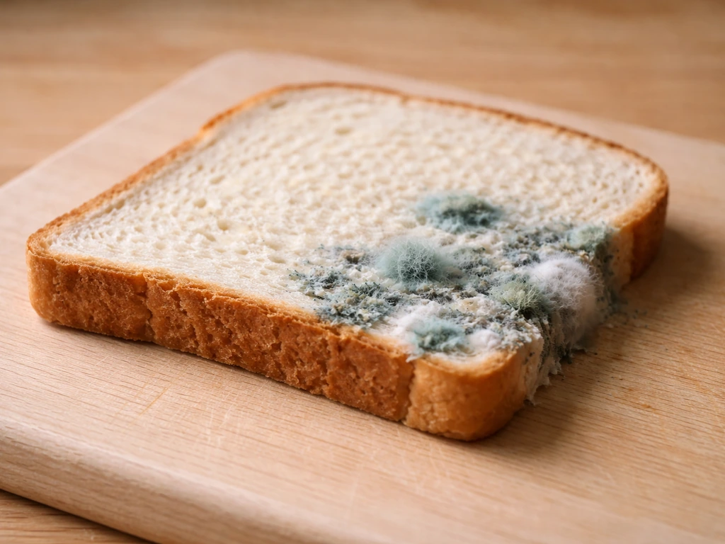 Close-up of bread showing fuzzy blue-green/gray mold spots and cottony white patches.