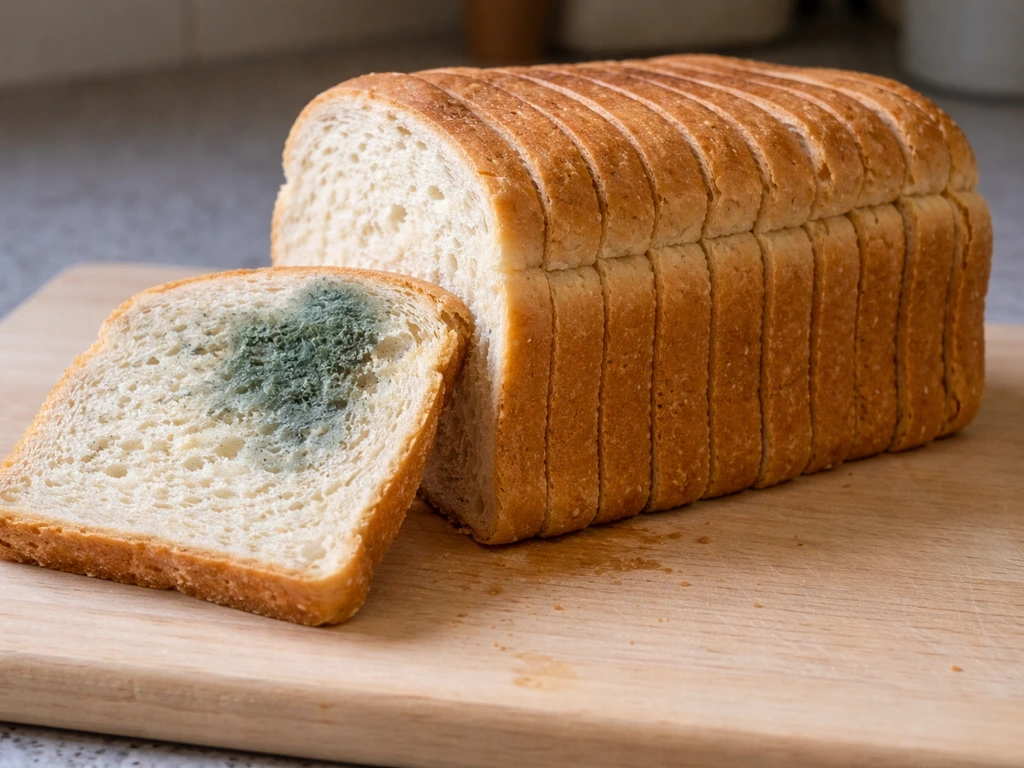 Moldy bread showing surface growth and an exposed crumb cross-section to suggest penetration beyond the spot