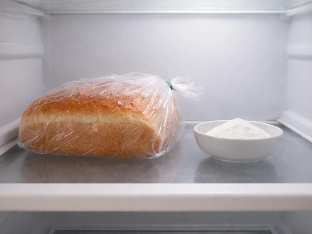 Sealed loaf of bread on a fridge shelf with slight condensation, paired with moisture control item