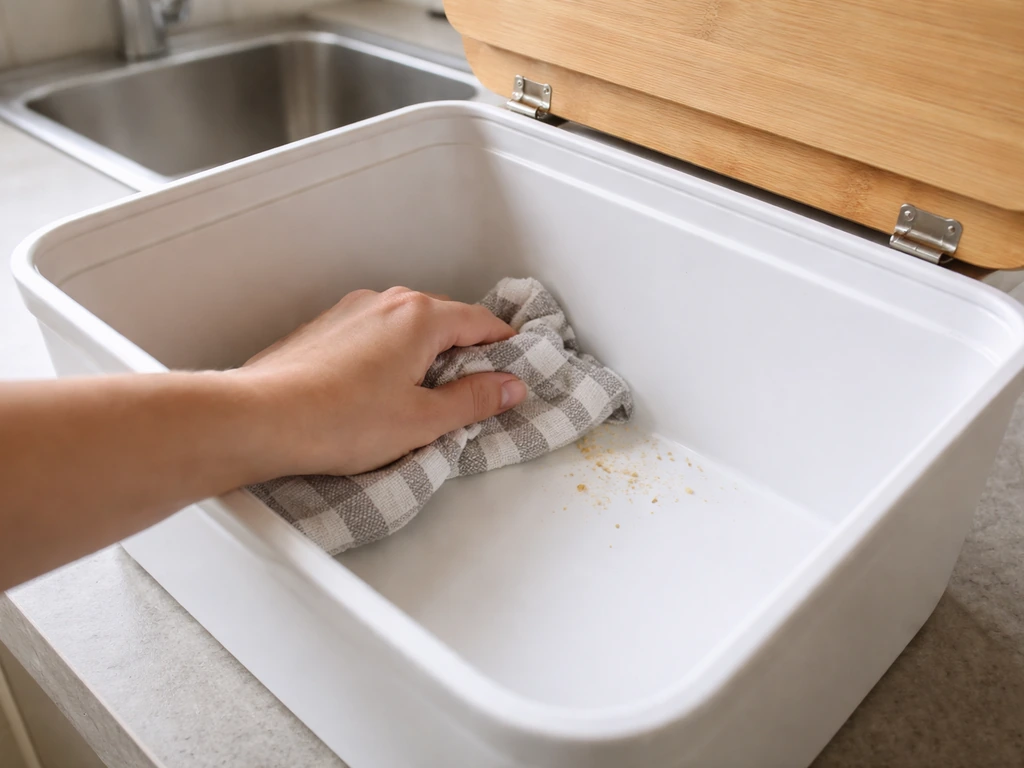 Person wiping the inside of a bread storage container, crumbs removed for cleaner, mold-resistant hygiene