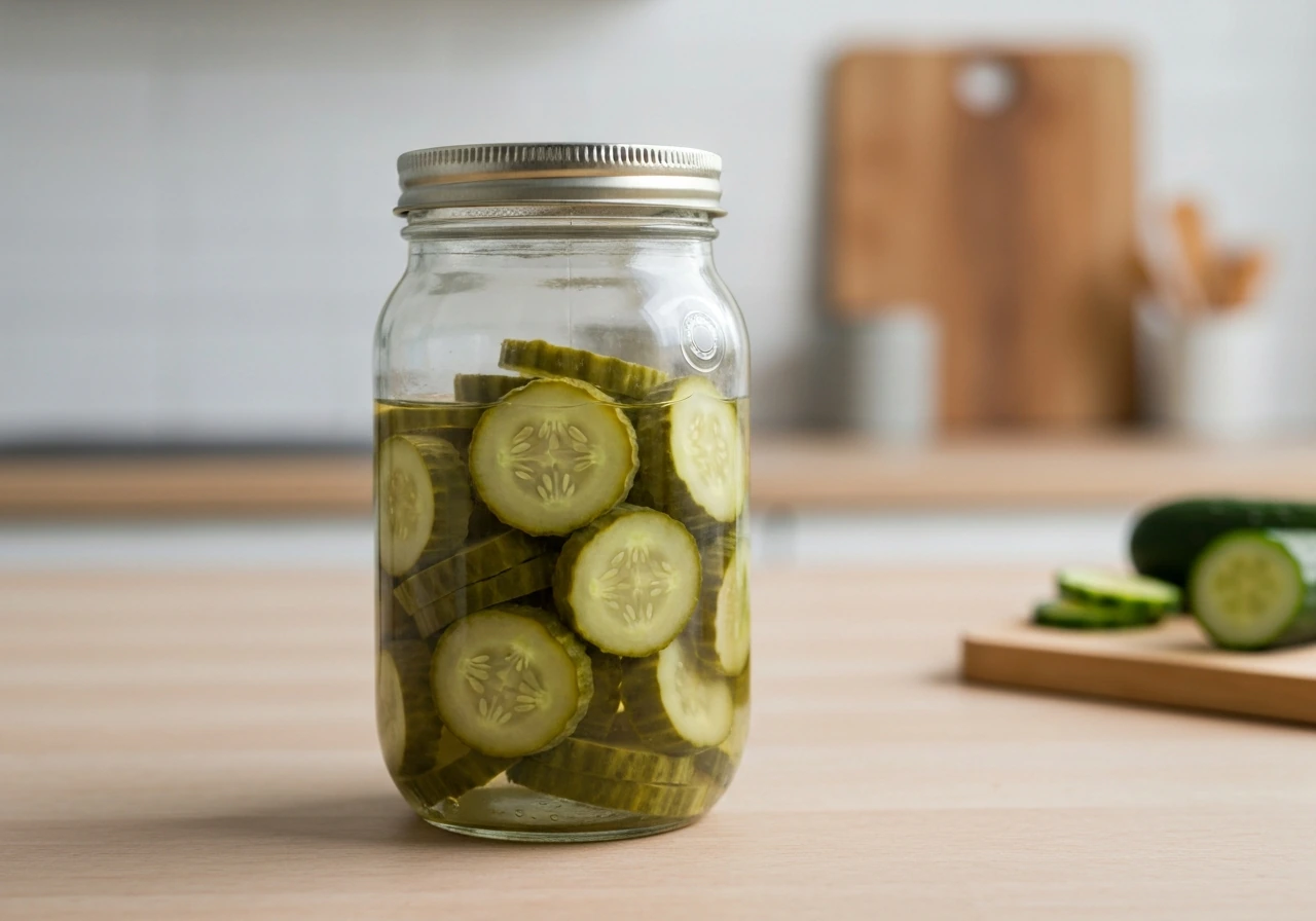 Close-up of a glass jar of dill pickles in brine on a kitchen counter, with a generic safety emblem on the lid.