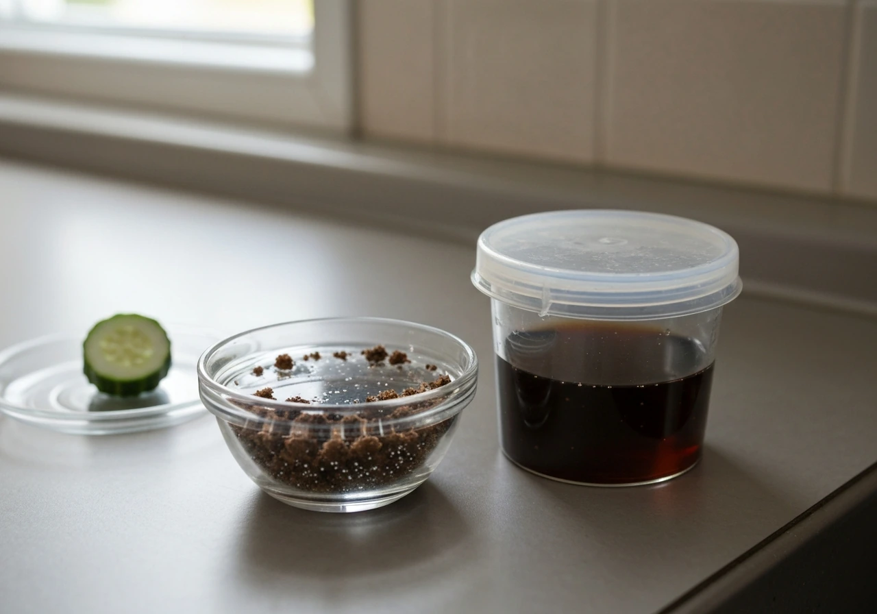 Macro kitchen scene with soil-like specks in water beside sealed dark liquid and cut produce.
