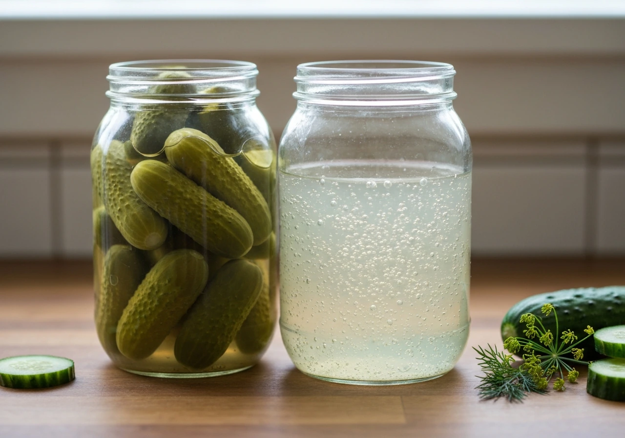 Two jars of pickles side by side: one clear vinegar brine, one fermenting with small bubbles.