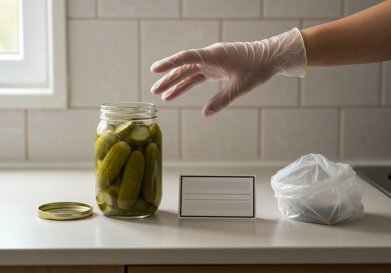 Gloved hand near a home-canned pickle jar on a kitchen counter with disposal items nearby.