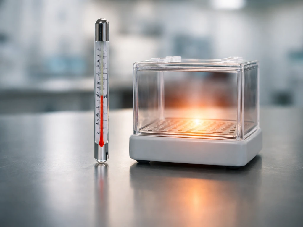 Lab thermometer next to a small incubator, warm glow suggesting optimum growth temperature near 37°C.