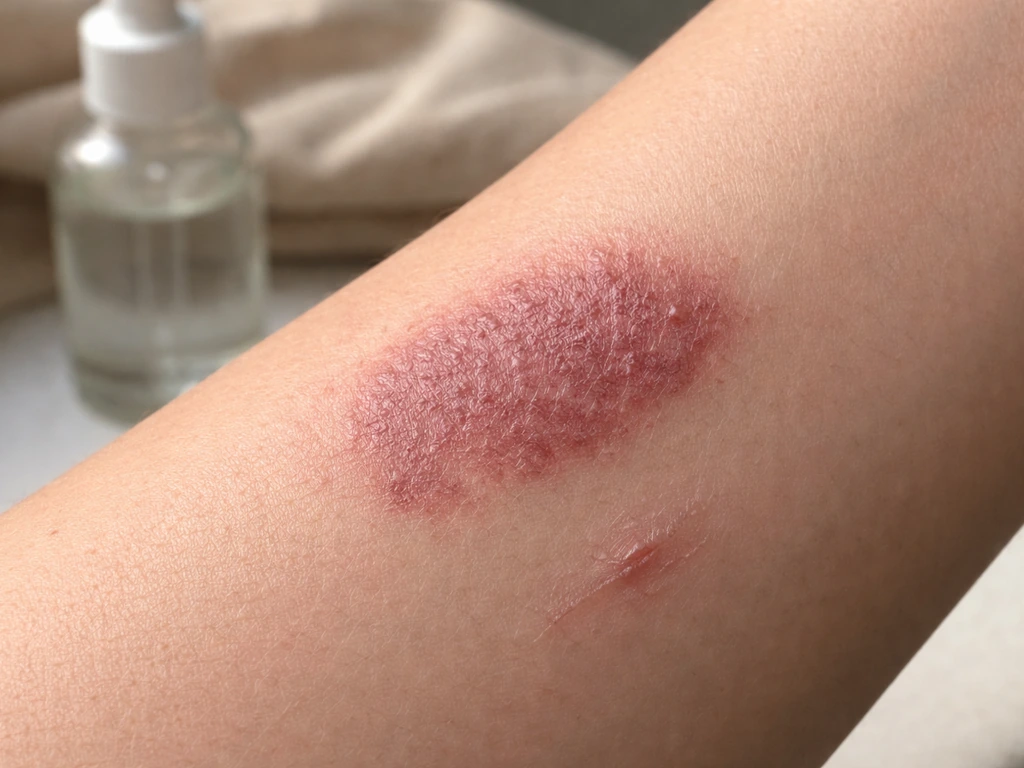 Daylight close-up of reddish-purple skin patch with slight thickened texture and a tiny healed abrasion nearby.