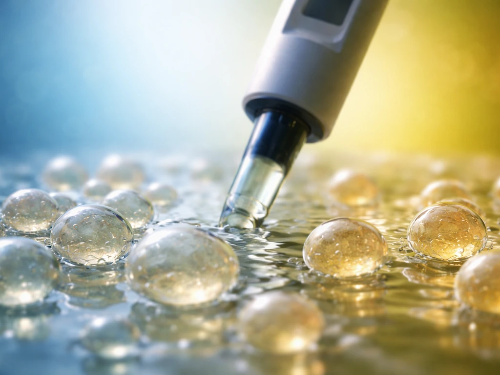 Macro view of yeast-like cells near a pH meter probe, with cool vs warm light suggesting acidity vs alkalinity