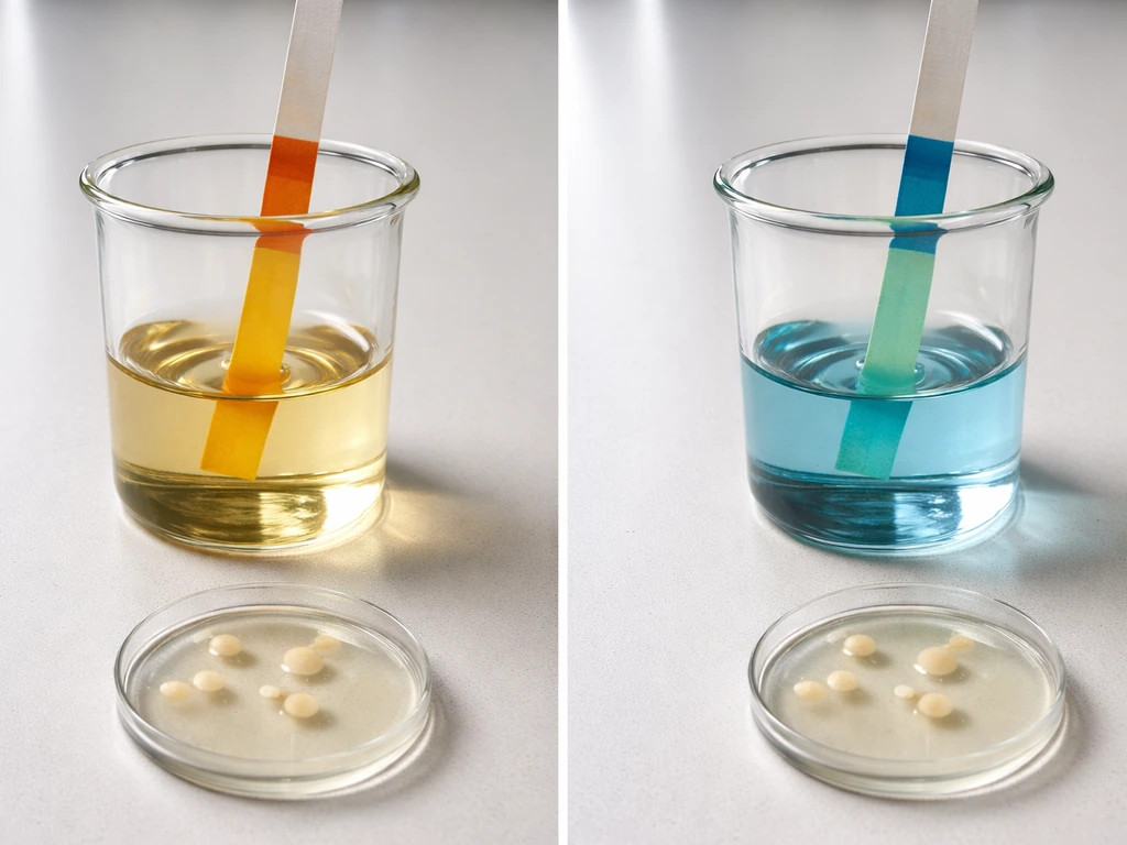 Split image showing acidic and alkaline liquid samples with color-shifted pH indicators and a small yeast colony.