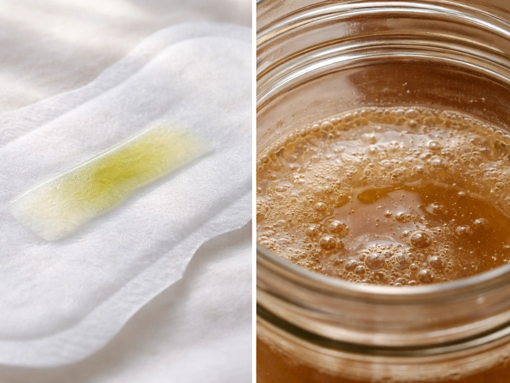 Minimal split scene showing a translucent vaginal pH gel strip on the left and a food fermentation jar surface on the ri