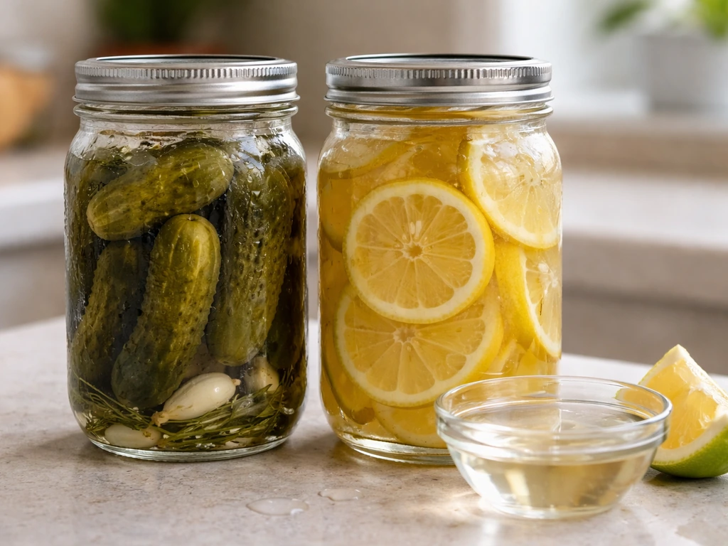 Close-up of glass jars with vinegar and citric-acid pickles on a kitchen counter in natural light