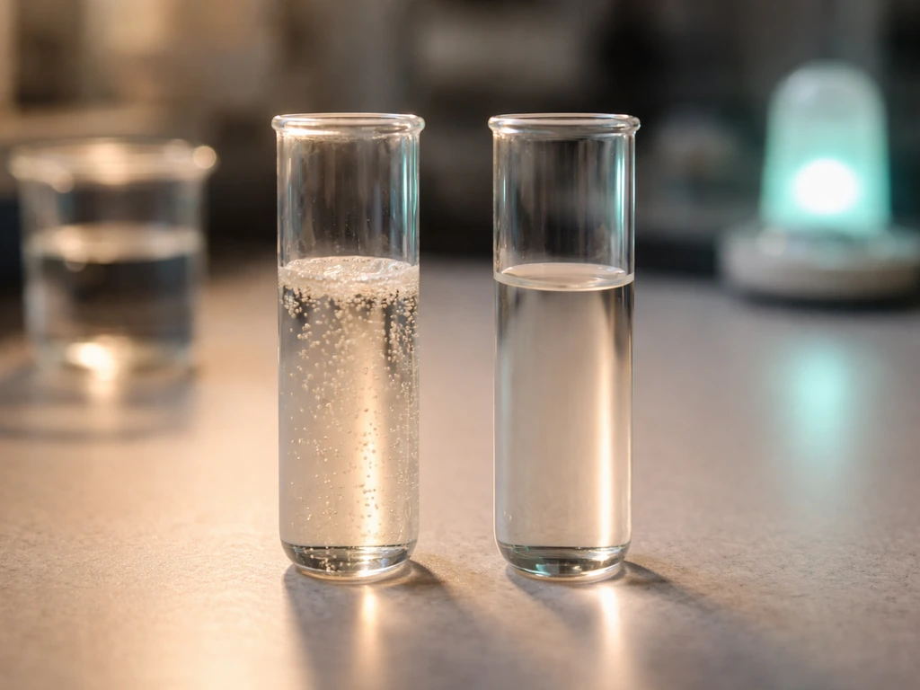 Laboratory bench with two unlabeled culture tubes, one subtly bubbling under warm light and one calmer.