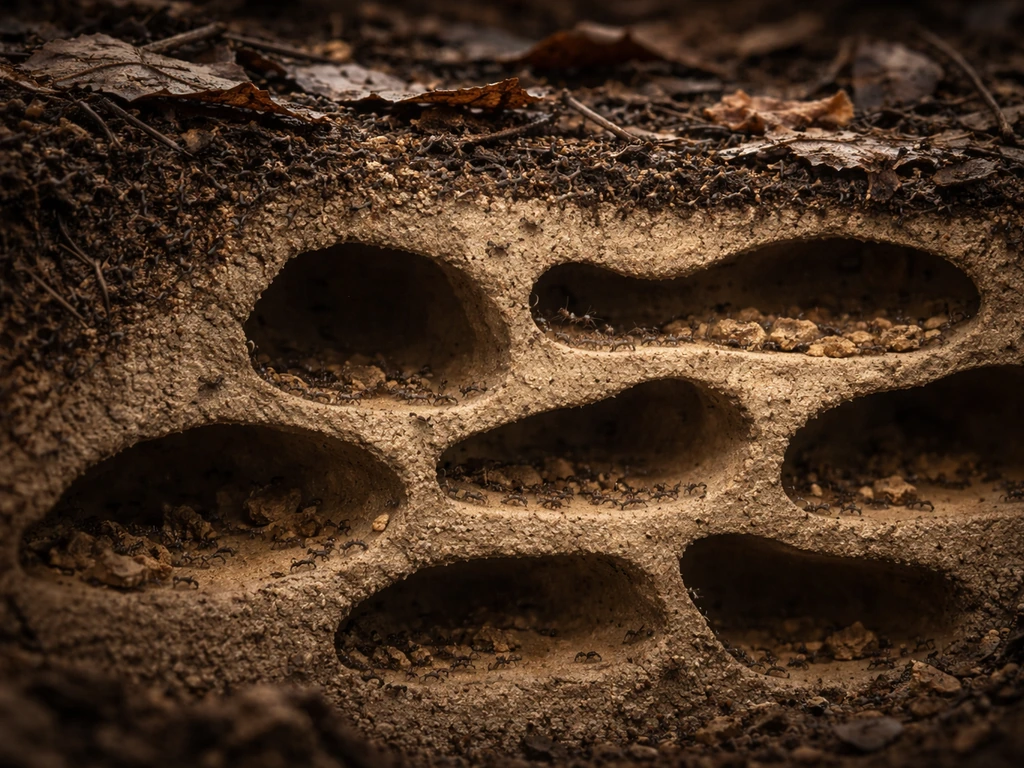 Cross-section view of an ant nest with dry tunnel chambers and damp leaf litter outside, no fungus visible.