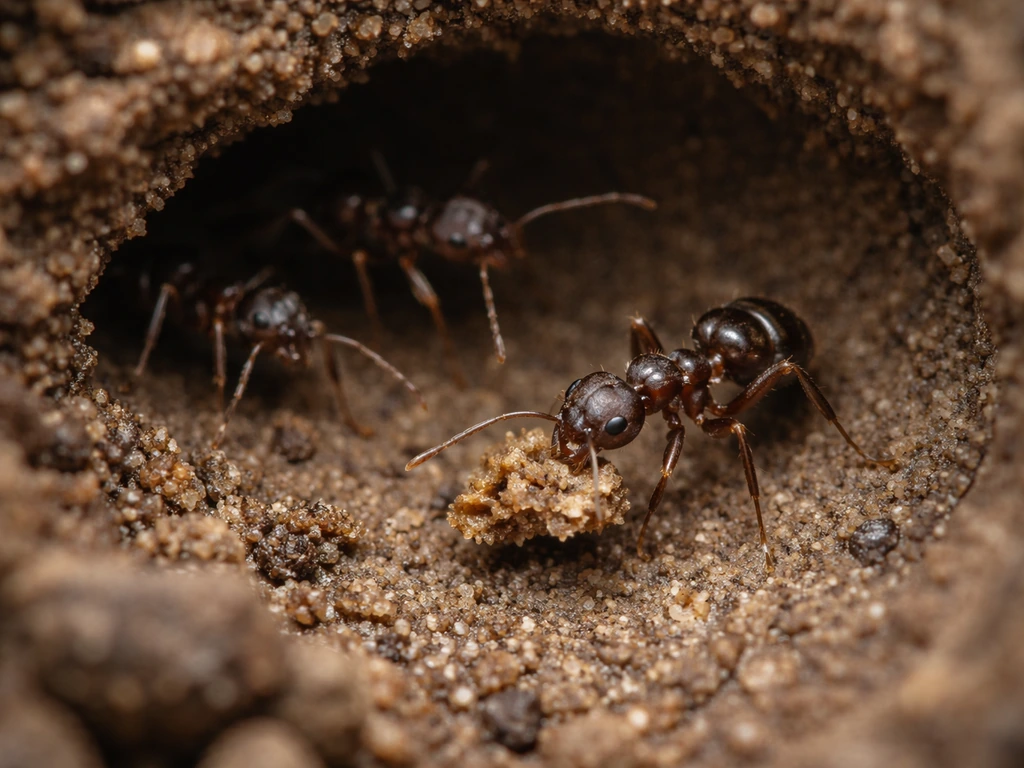 Macro close-up of ants in a soil nest handling damp leaf litter to keep nest chambers dry.