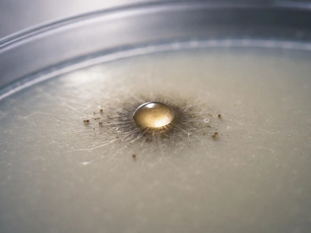 Macro of ant secretion droplet on lab dish with nearby fungal growth inhibited.