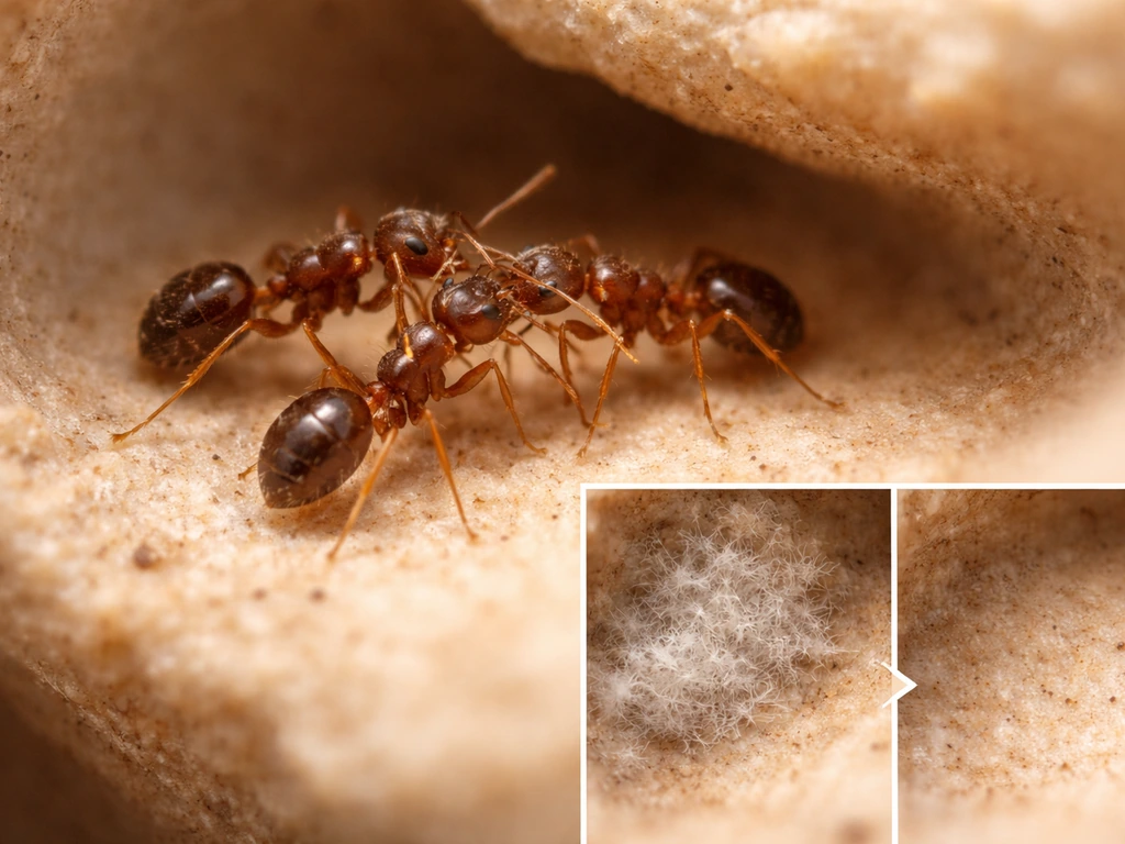 Ant workers grooming on nest surface, with a contrasting inset-like view showing reduced fungal growth