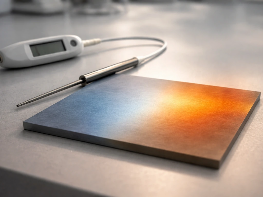 Close-up of a thermometer/thermal probe detecting a visible cooler-to-warmer temperature gradient across a sample.