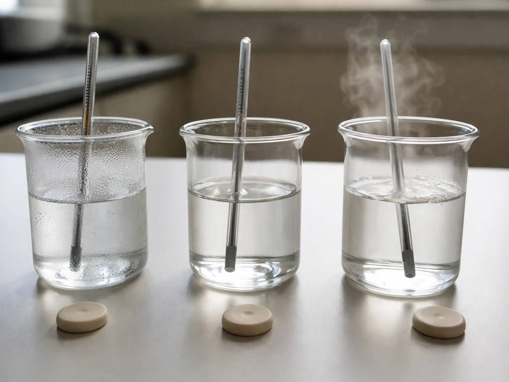 Three lab containers showing cold frost, neutral clarity, and hot steam to suggest microbes by temperature class.