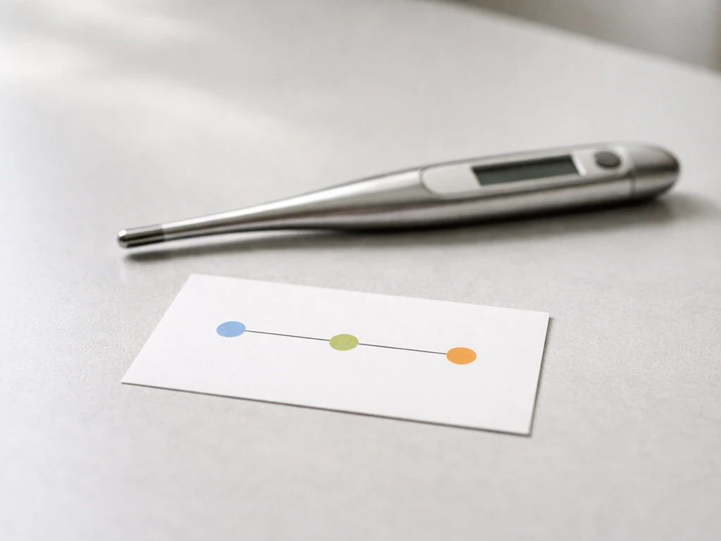 Clean, minimal desk scene with a thermometer and a simple temperature-marked card showing a Legionella growth range conc