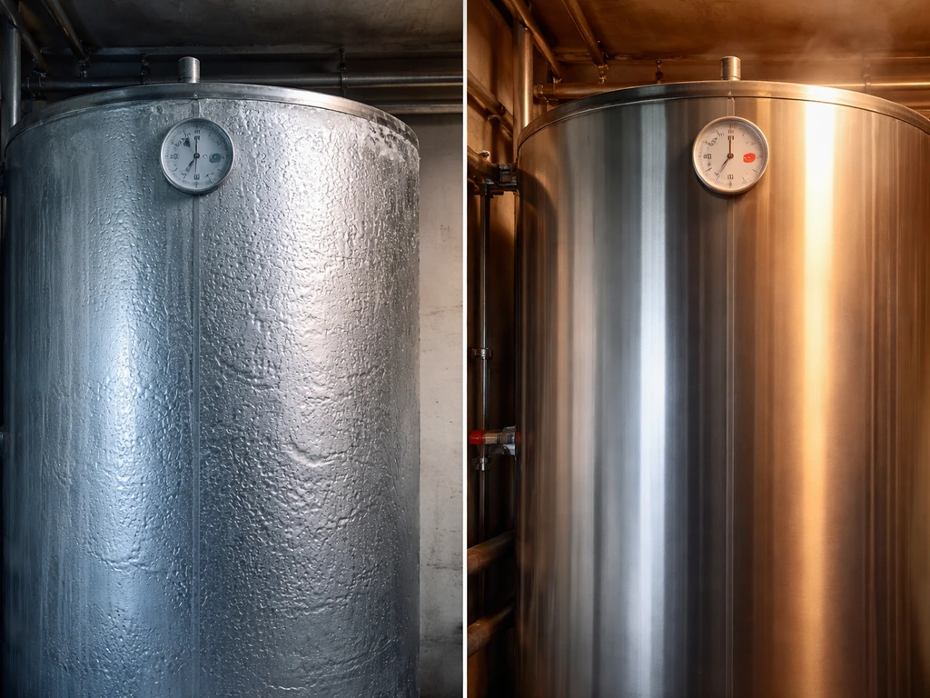 Two adjacent industrial water tanks showing cold vs hot temperatures via visible gauges.