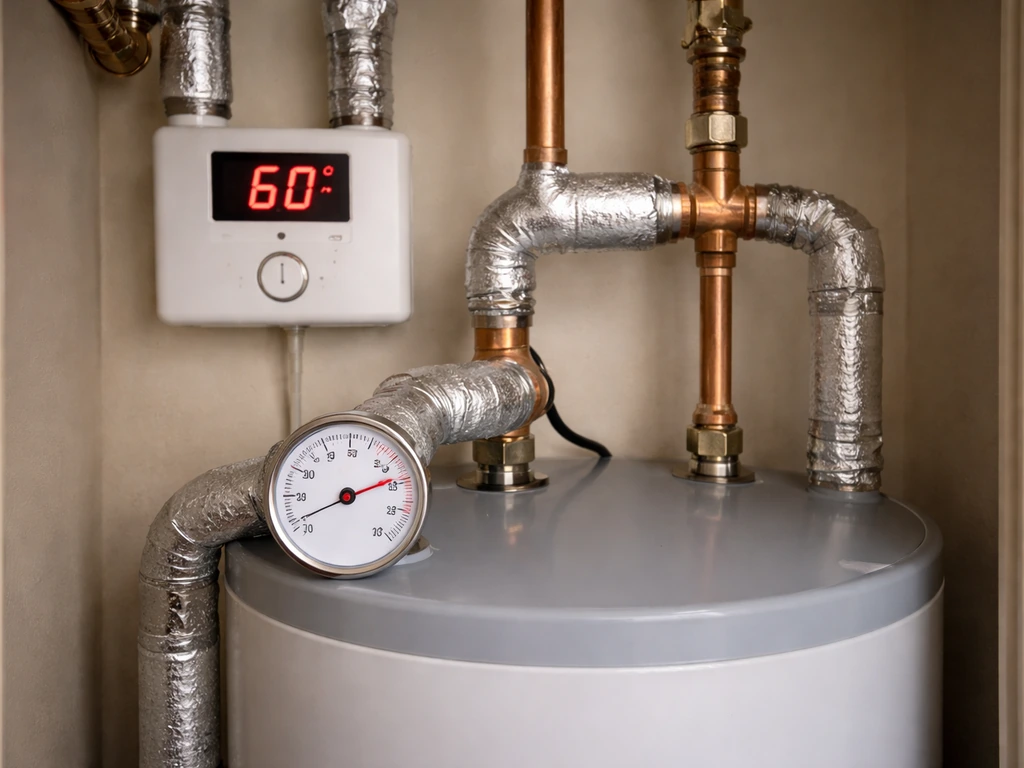 Thermostat and hot-water circulation pipes near a water heater, with clear temperature display around 60°C.