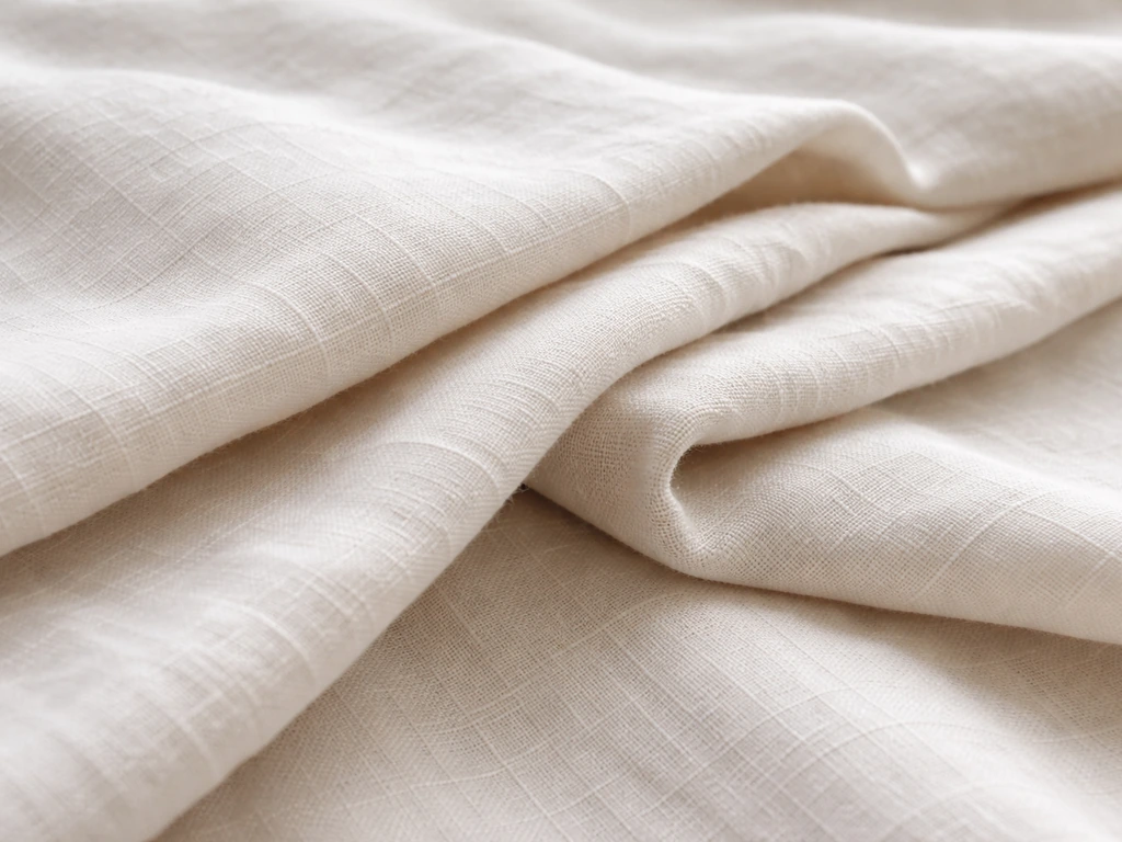 Close-up of neatly folded white linen fabric with clear weave texture in natural light.