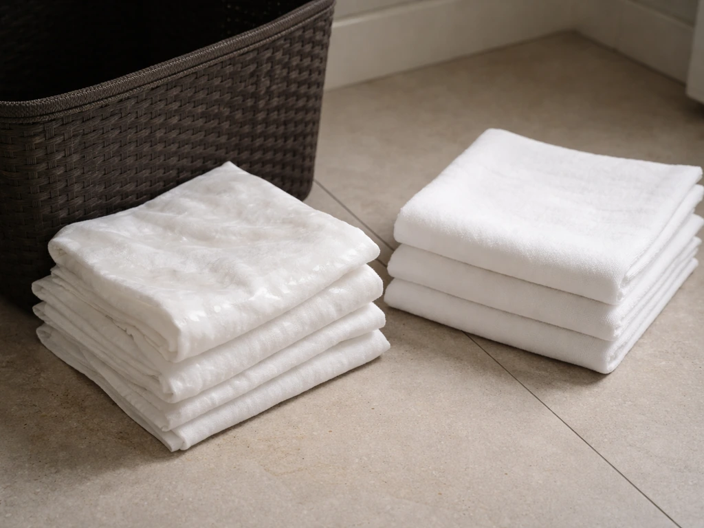 Damp folded linen in a hamper beside fully dry folded linen, showing moisture levels