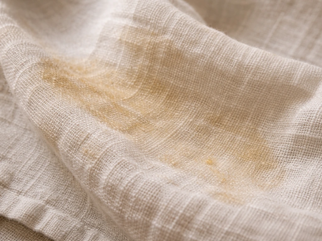 Close-up of organic residue and faint sweat-like stains on a light linen fabric texture.