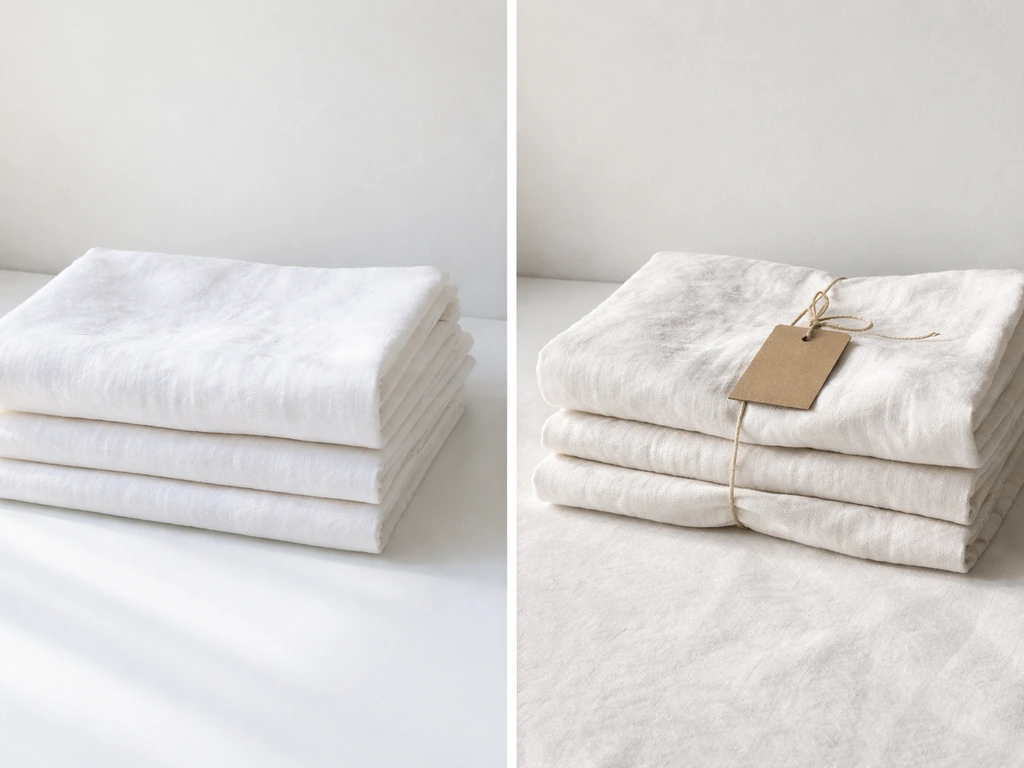 Split image of folded white linen: fresh and crisp on the left, slightly rumpled and aged on the right.
