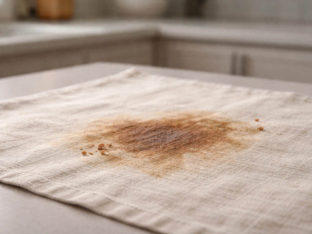 Close-up of a kitchen linen with a soaked-in food and drink spill stain on the fabric fibers.